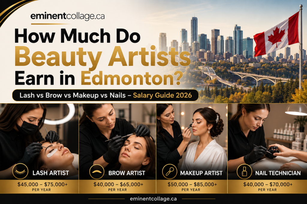 Professional beauty artists in Eminent performing lash extensions, brow styling, bridal makeup, and nail services with Canadian skyline background and salary guide branding.